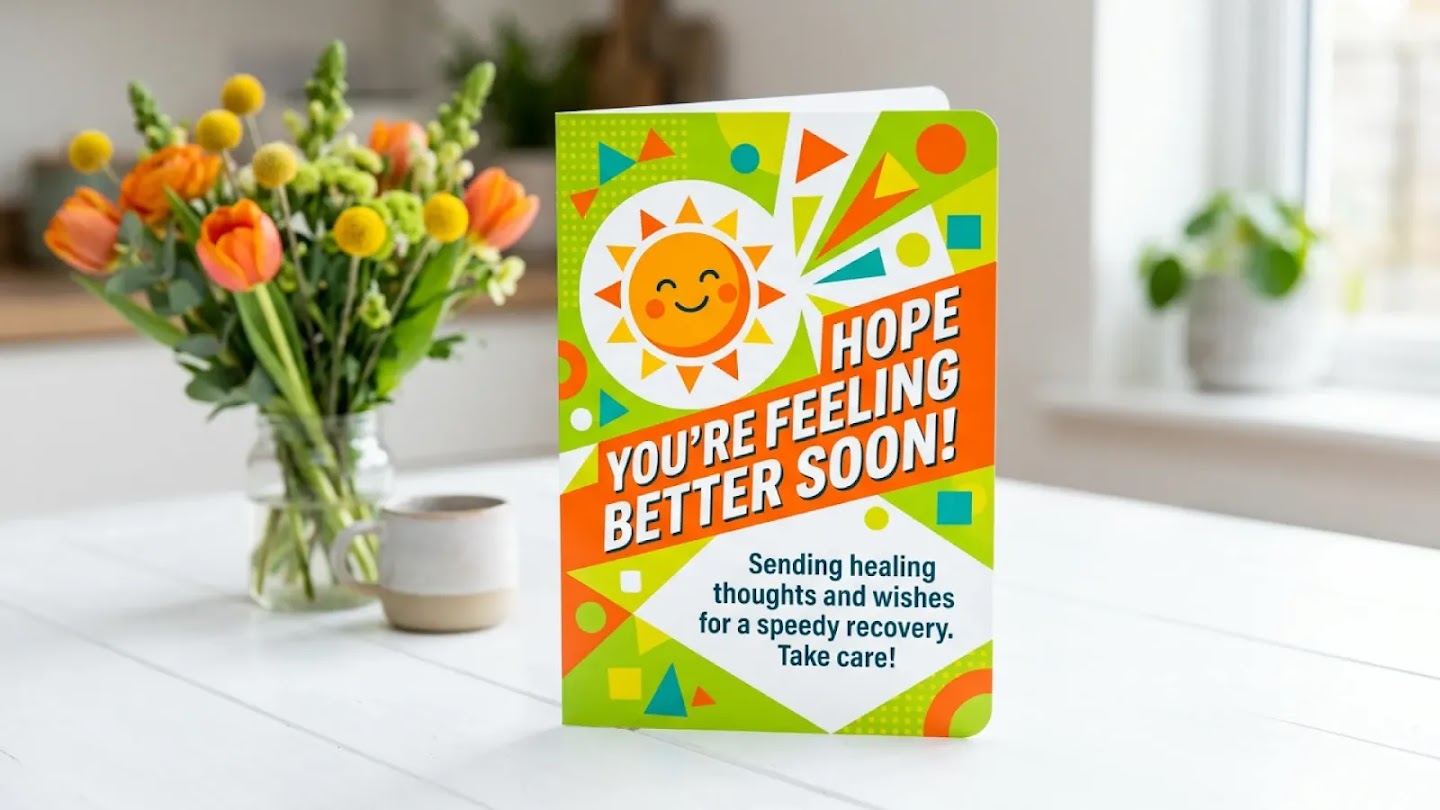 A bright, cheerful "HOPE YOU'RE FEELING BETTER SOON!" card stands on a white table. It features a smiling sun illustration and geometric shapes in green, orange, and yellow. A bouquet of orange tulips is visible in the soft-focus background.