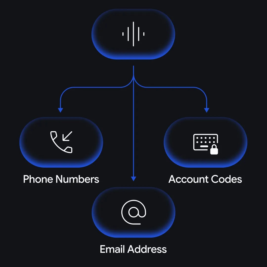 A diagram illustrating alphanumeric accuracy, with an audio waveform icon branching into three separate icons labeled "Phone Numbers," "Email Address," and "Account Codes."