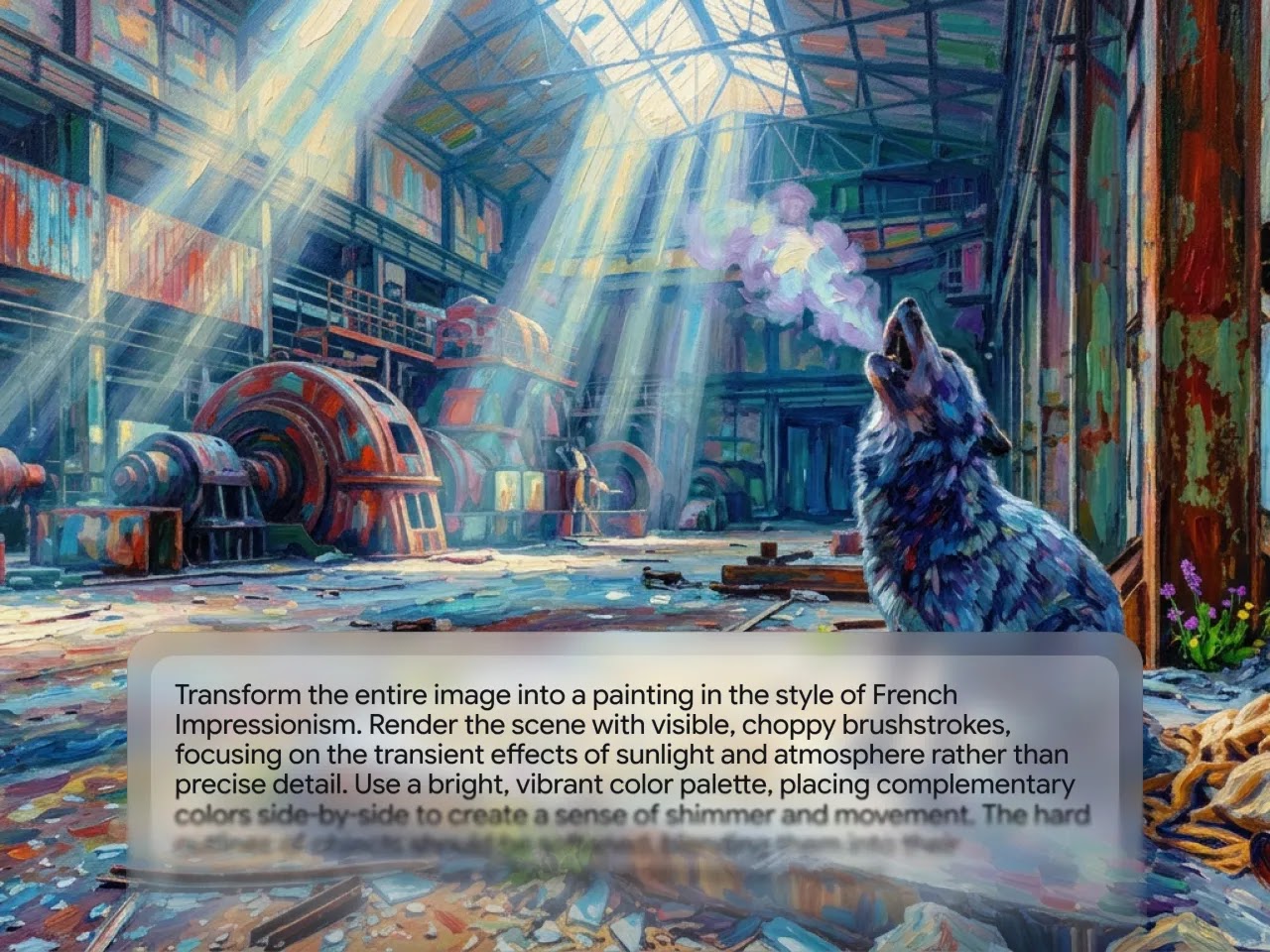 An Impressionist-style oil painting of a wolf howling in an abandoned factory.