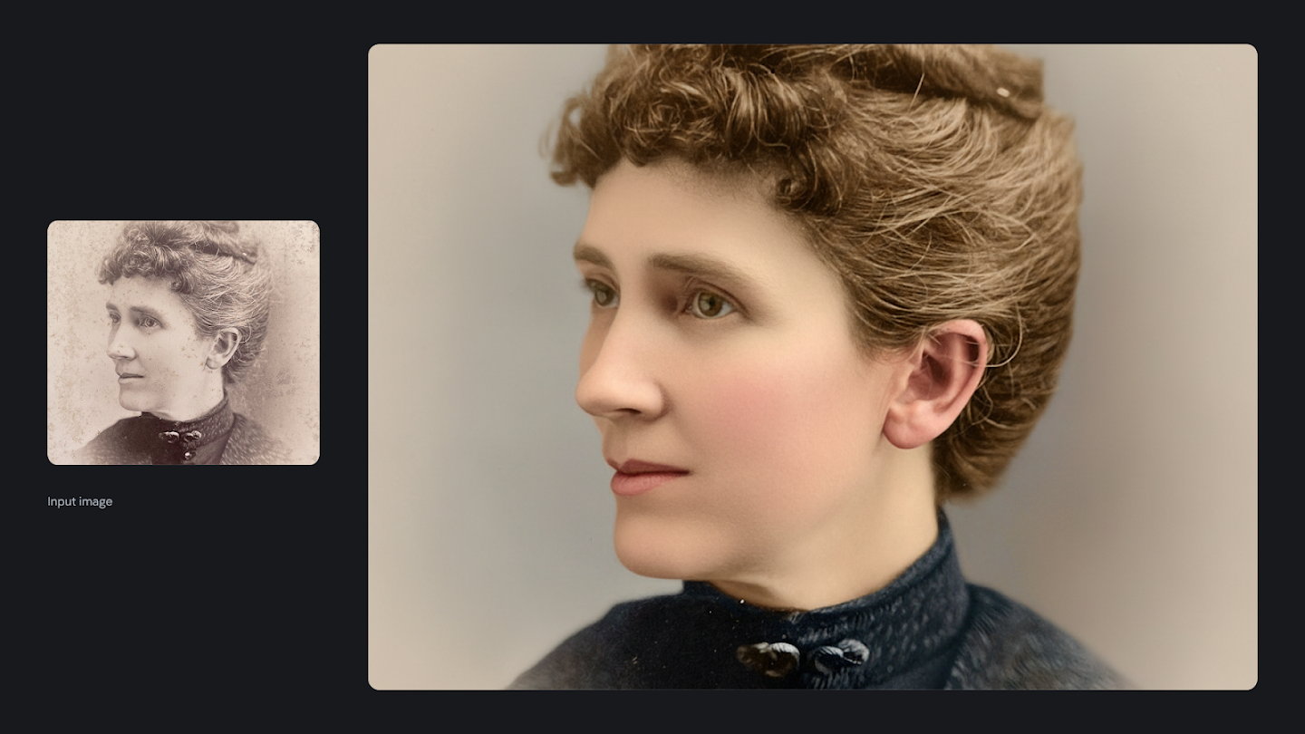 AI-generated image of: a side-by-side comparison showing image editing. On the left is a small input image of an aged, sepia-toned profile portrait of a woman. On the right, the edited, full-size image shows the portrait restored and colorized, revealing a clearer, younger image of the woman with natural skin tones and brown hair.