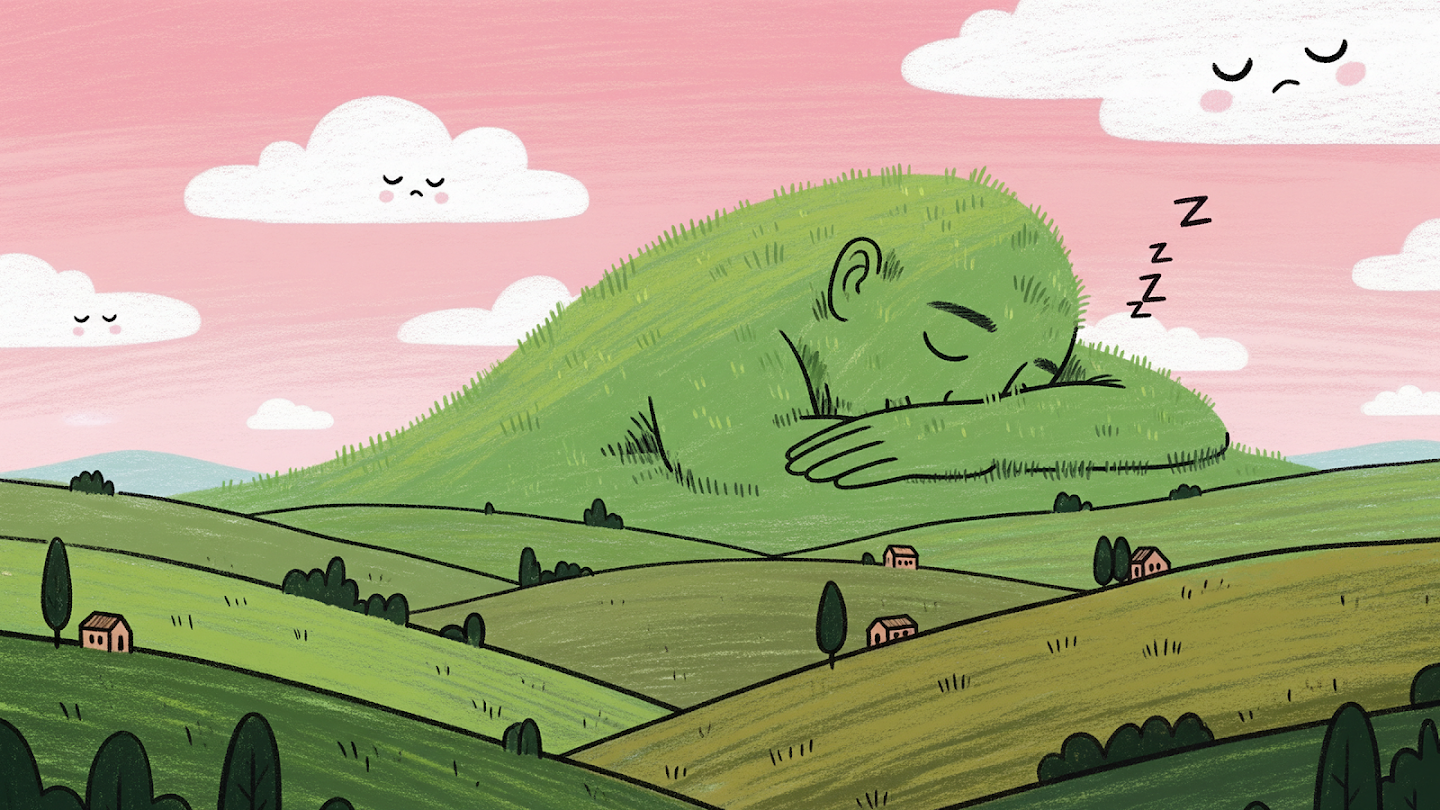 AI-generated image of: a whimsical illustration of a sleeping giant made entirely of grassy green hills, with visible stroke textures resembling turf, resting peacefully among smaller rolling fields, tiny houses, and cute clouds in a pastel pink sky