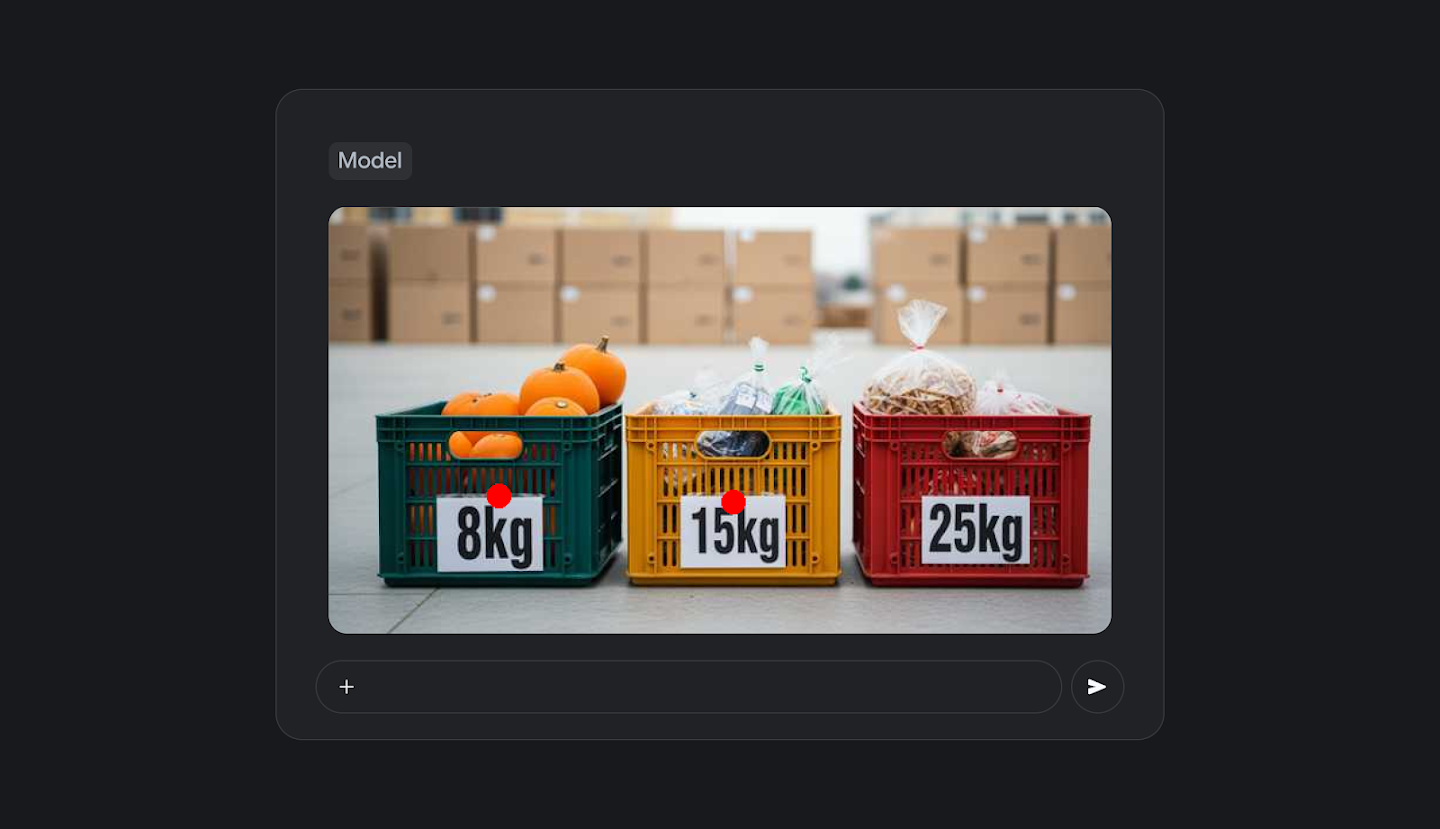 The final model output showing the original image of the crates with red dots pinpointing the 8kg and 15kg crates as the ones that meet the robot's lifting constraints.