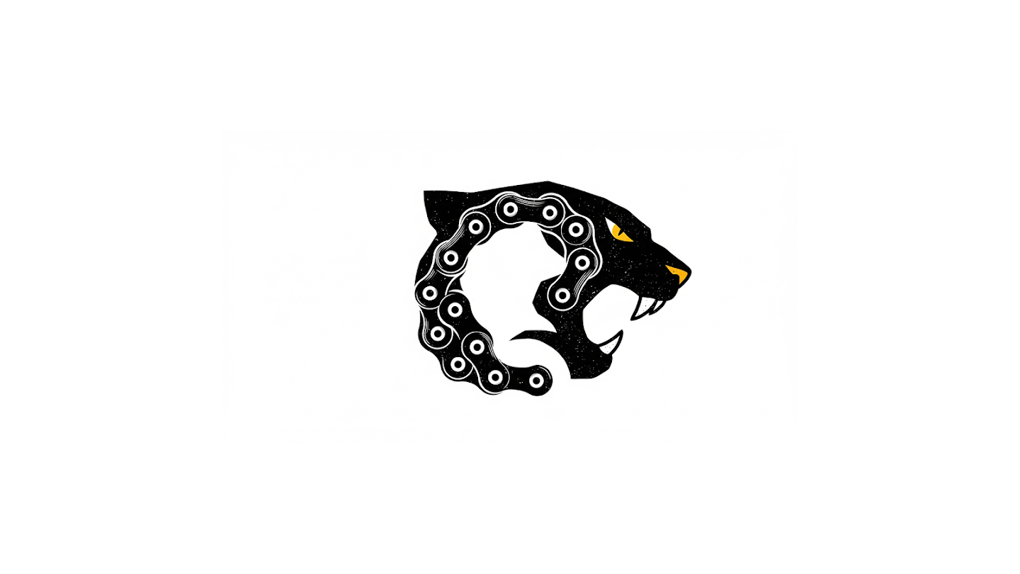 AI-generated image of: a stylized black panther head profile, incorporating a mechanical bicycle chain forming its jaw and neck, featuring a fierce yellow eye