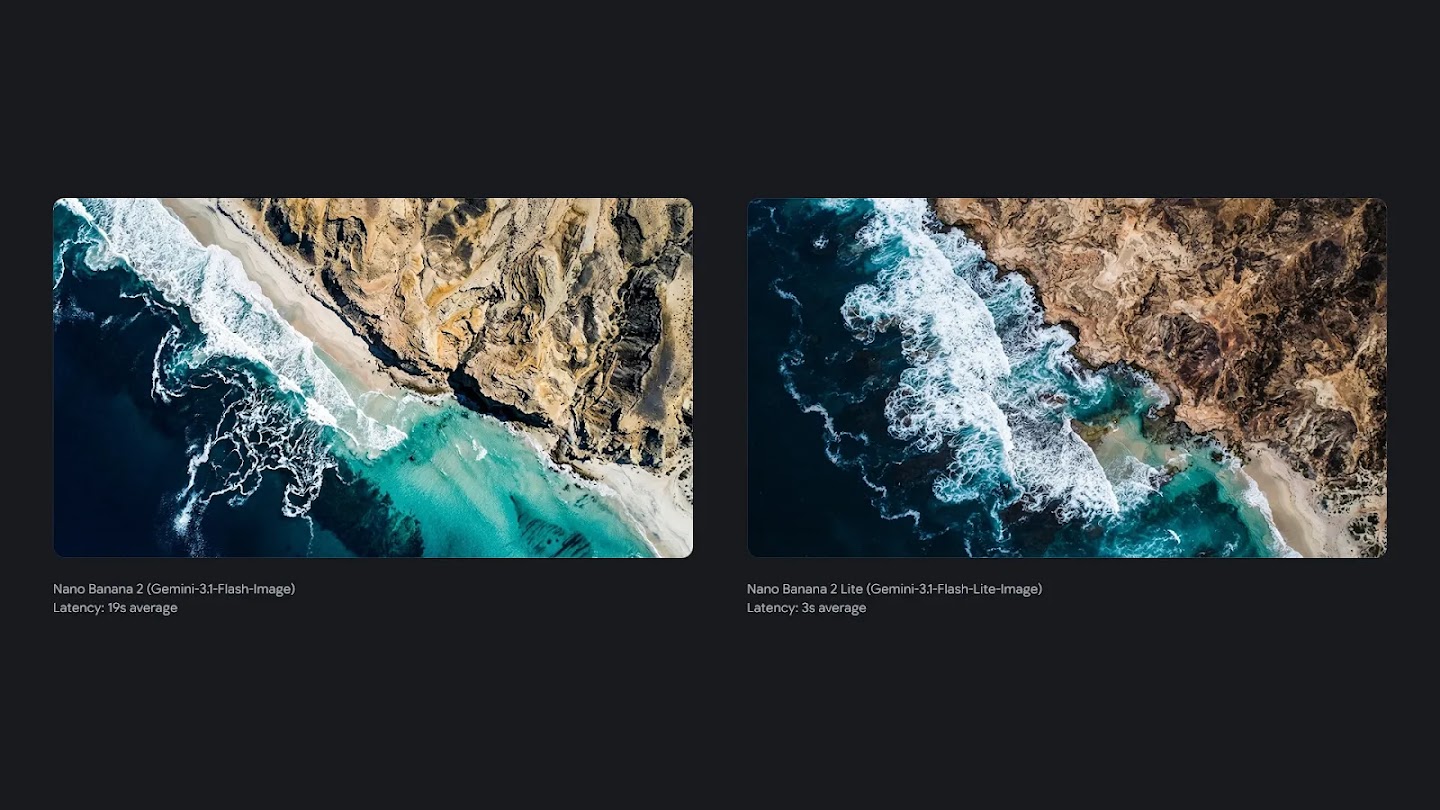 Side-by-side comparison of aerial coastline images generated by Nano Banana 2 and Nano Banana 2 Lite.