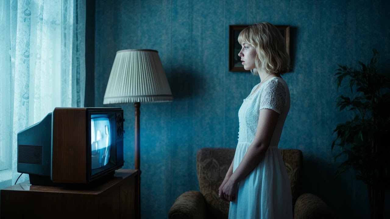 A young blonde woman in a white dress stands in profile, watching a vintage television glowing in a dimly lit, blue-toned room.