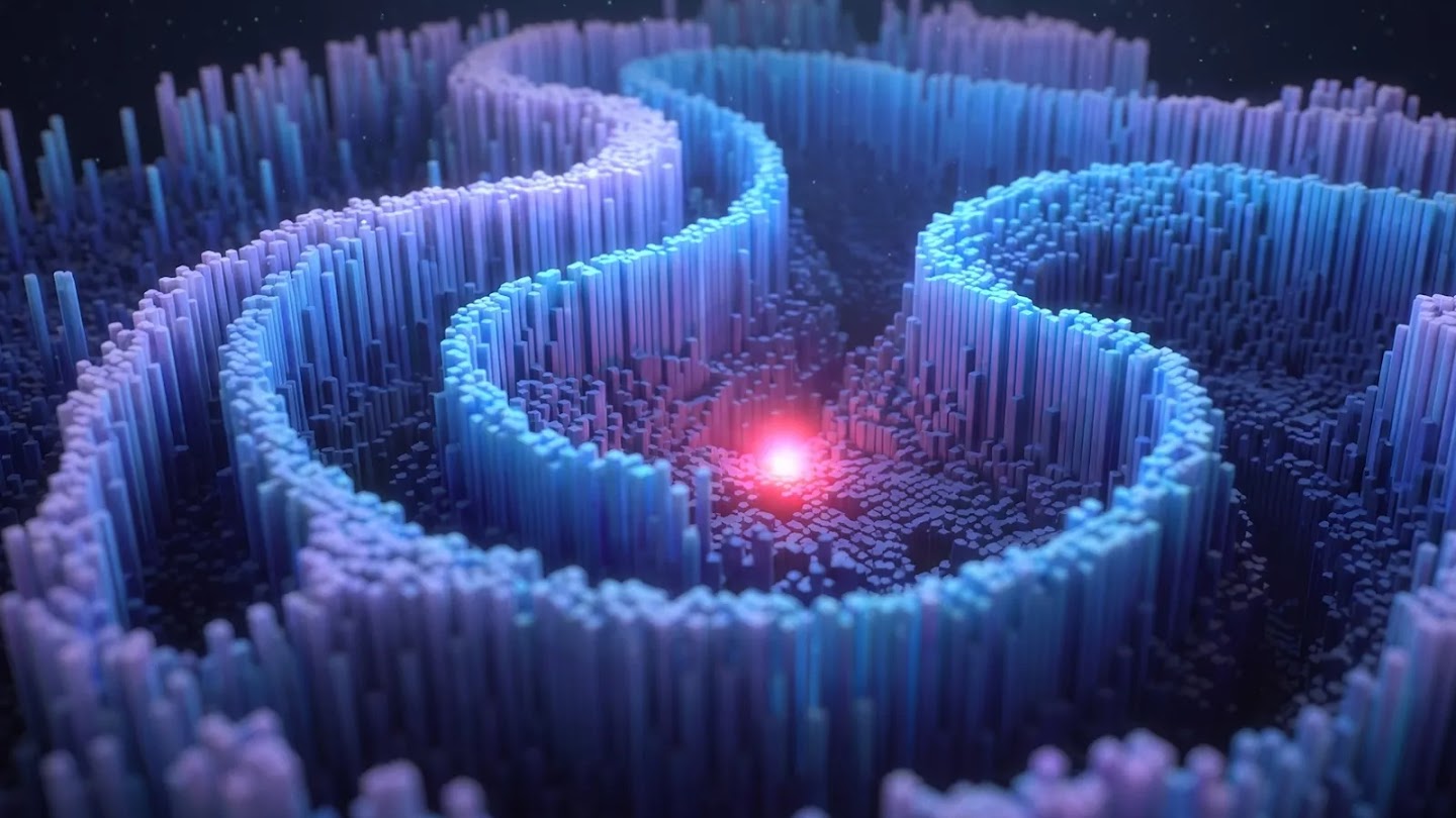 A stylized 3D digital illustration of colorful, wavy data streams and molecular structures in shades of lime green and pink against a soft grey background.