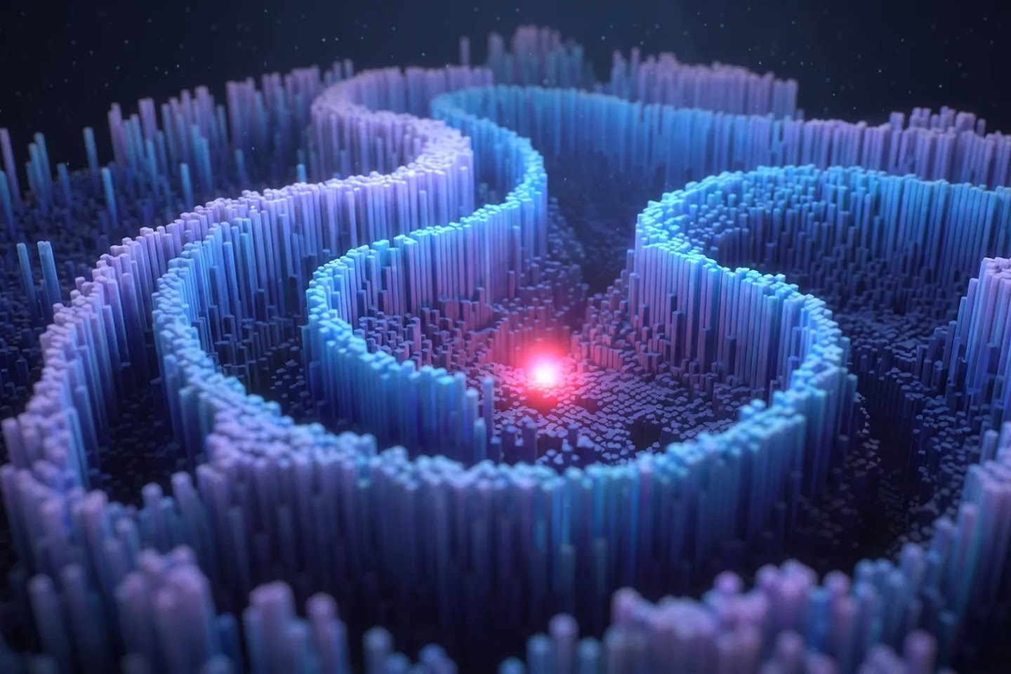 An abstract 3D render of blue and purple vertical columns forming a maze-like spiral around a glowing red light at the center.