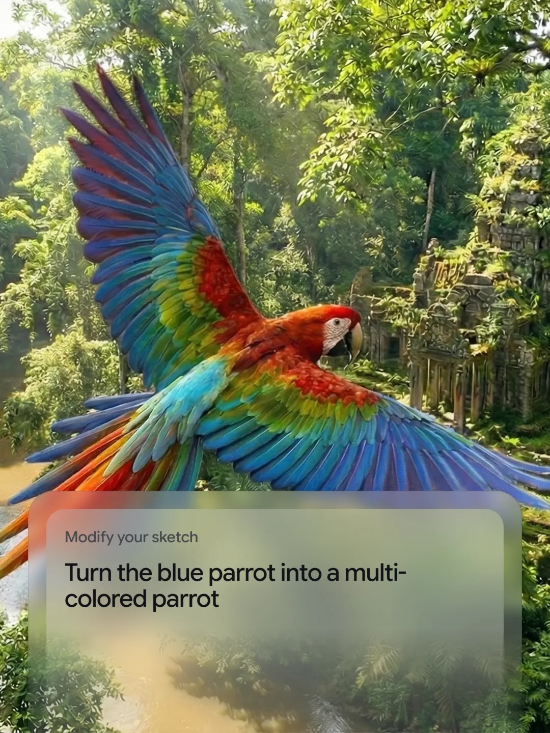 The same tropical scene as the first image, but the parrot has been transformed into a Scarlet Macaw. Its plumage is now a brilliant mix of red, yellow, and blue. The bird is captured in the same flying pose over the jungle and ruins. An overlay at the bottom contains the text: 