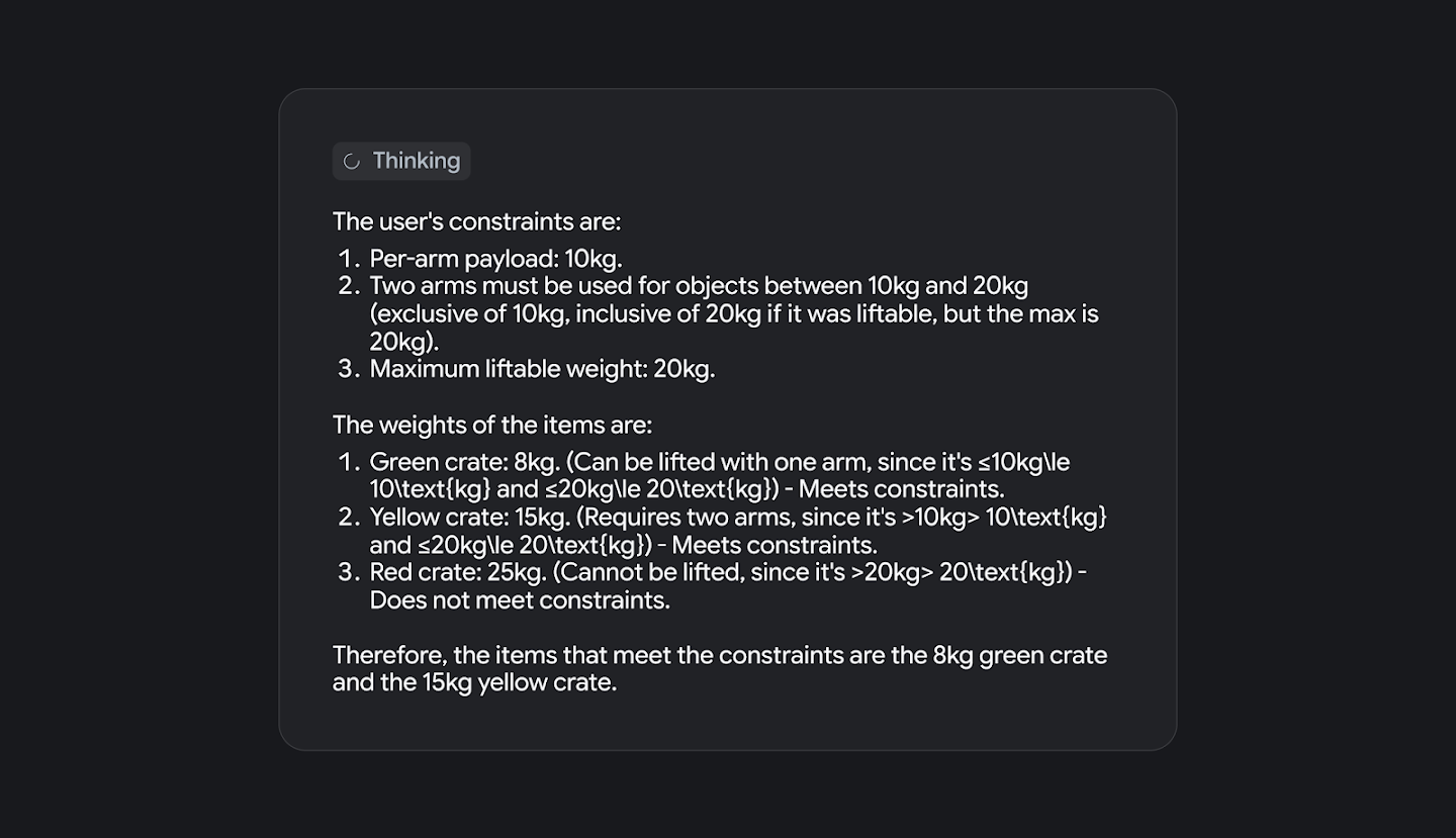 An AI's 'Thinking' process analyzing crate weights against robot constraints, determining that the 8kg and 15kg crates can be lifted, while the 25kg crate cannot.