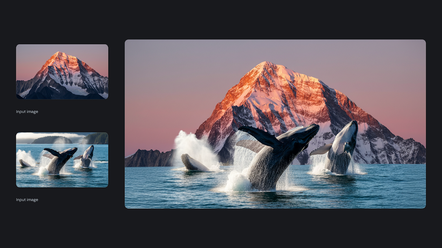 AI-generated image of: a side-by-side comparison showing image merging. On the left are two separate input images: one of a snow-capped mountain at sunset, and the other of three humpback whales breaching in the ocean. On the right, the generated output merges the scenes, showing the whales breaching in the water with the large, snow-capped mountain as the backdrop against a sunset sky.