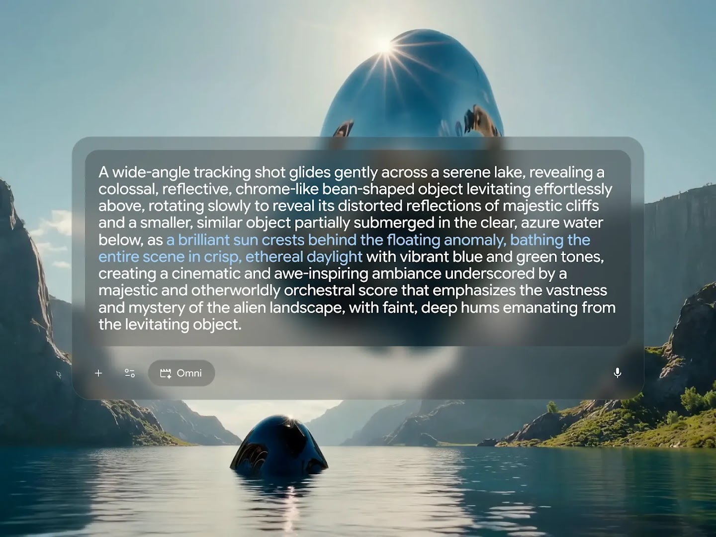 A Gemini Omni interface overlays a cinematic scene of a giant reflective object floating above an azure lake, displaying a detailed prompt with lighting-related text highlighted in blue.