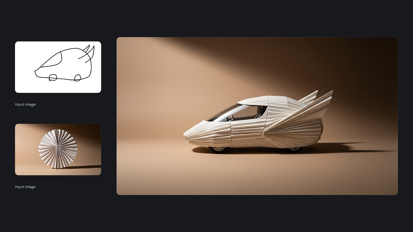 A conceptual design image showing a simple line drawing of a car and a photo of a pleated white paper fan being combined. The result is a high-quality 3D rendering of a futuristic vehicle that matches the sketch's shape but is texturally composed of folded white paper, resembling an origami car.