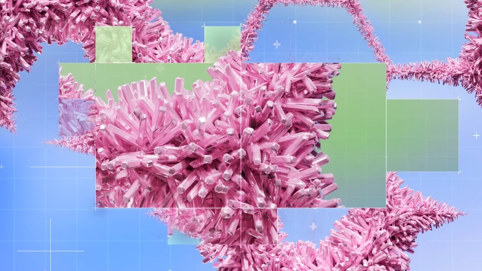 A digital abstract composition of crystalline, jagged pink structures arranged in overlapping, semi-transparent green rectangular frames, set against a pale blue grid background.