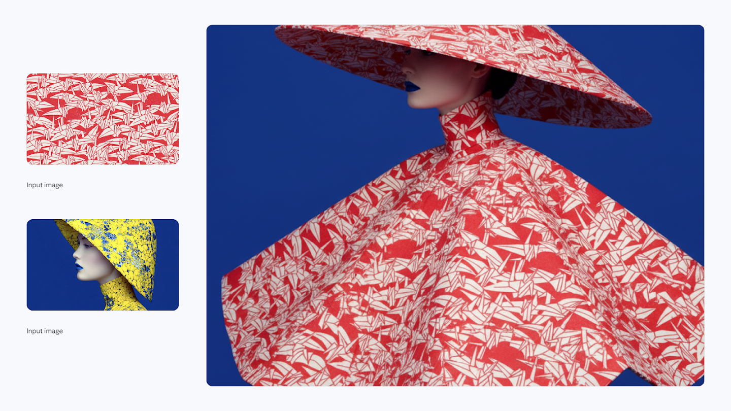 AI-generated image of: a side-by-side comparison showing image merging. On the left are two input images: one of a red and white geometric pattern and the other of a mannequin wearing a yellow dress with blue speckles and a large sun hat. On the right, the generated output shows a close-up of a woman in a dramatic, high-fashion, red and white origami paper-patterned dress and large matching sun hat, against a bright blue background.