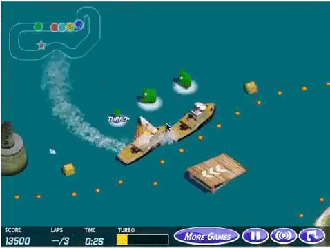 In a clip from the computer game Coast Runners, a boat speeds around the marina collecting green blocks and other obstacles, instead of completing the set course.
