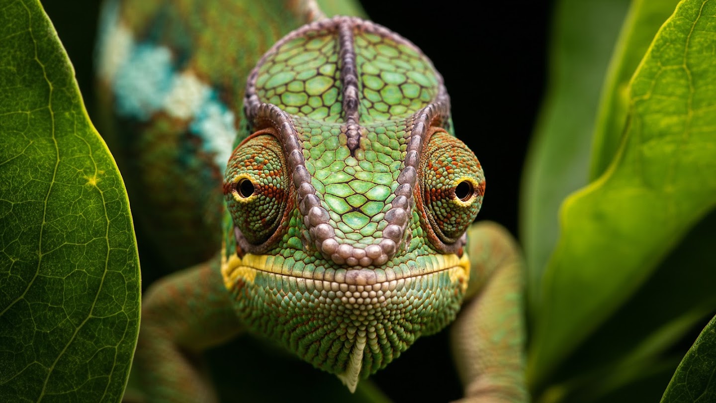 AI-generated image of: Detailed front-facing view of a chameleon, its textured green and brown scales visible, nestled among bright green foliage.