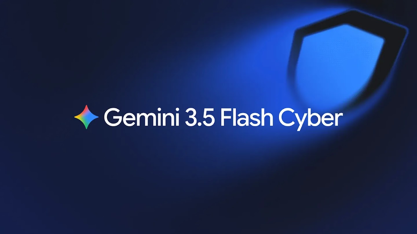 Graphic featuring the text "Gemini 3.5 Flash Cyber" alongside a colorful star logo and a blurred blue shield on a black background.
