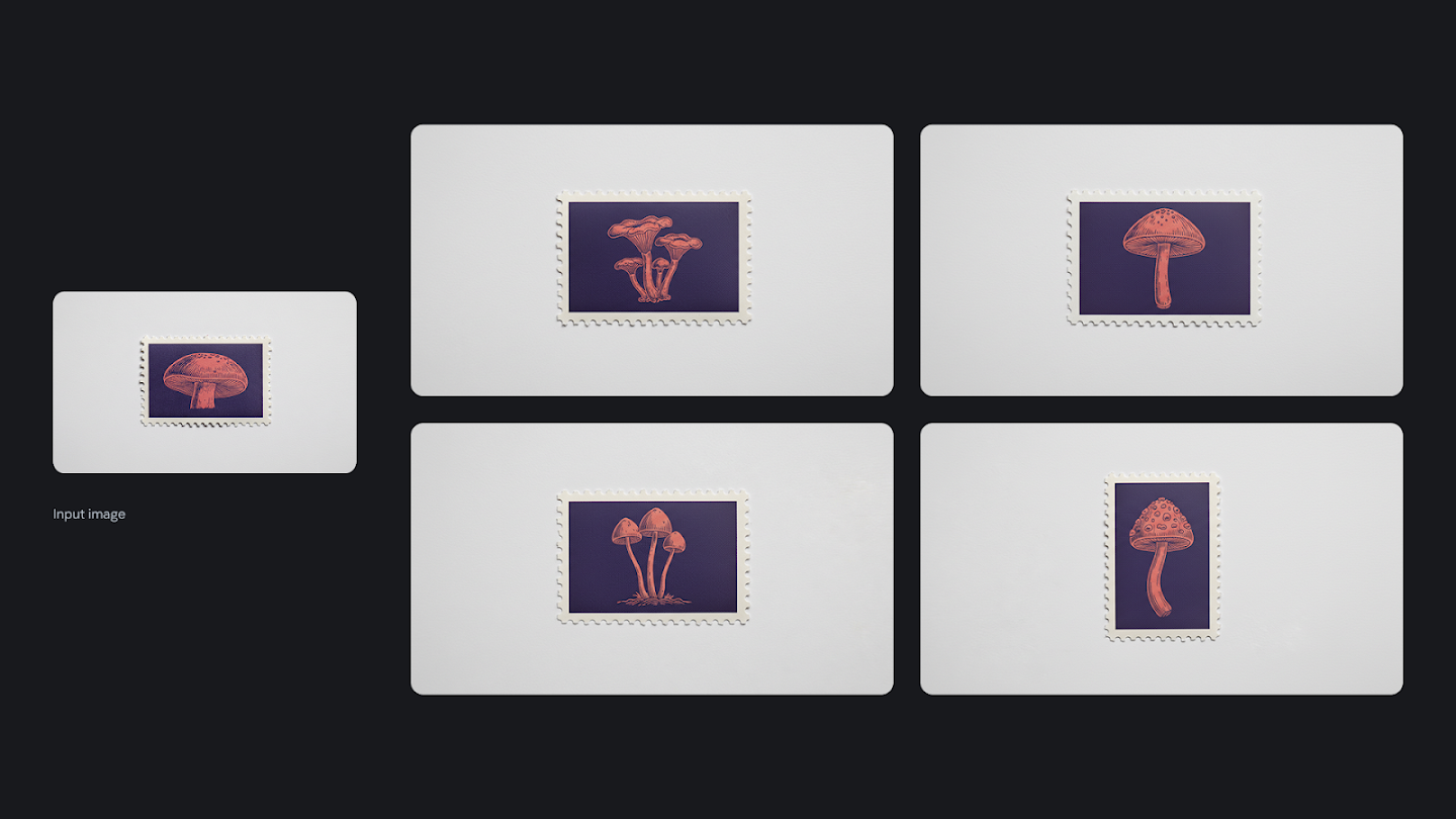 AI-generated image of: a side-by-side comparison showing image variation generation. On the left is an input image of a postage stamp with a mushroom illustration. On the right, a 2x2 grid shows four different generated postage stamps, each featuring a unique red and orange mushroom illustration in the same stylistic dark background and perforated border as the input.