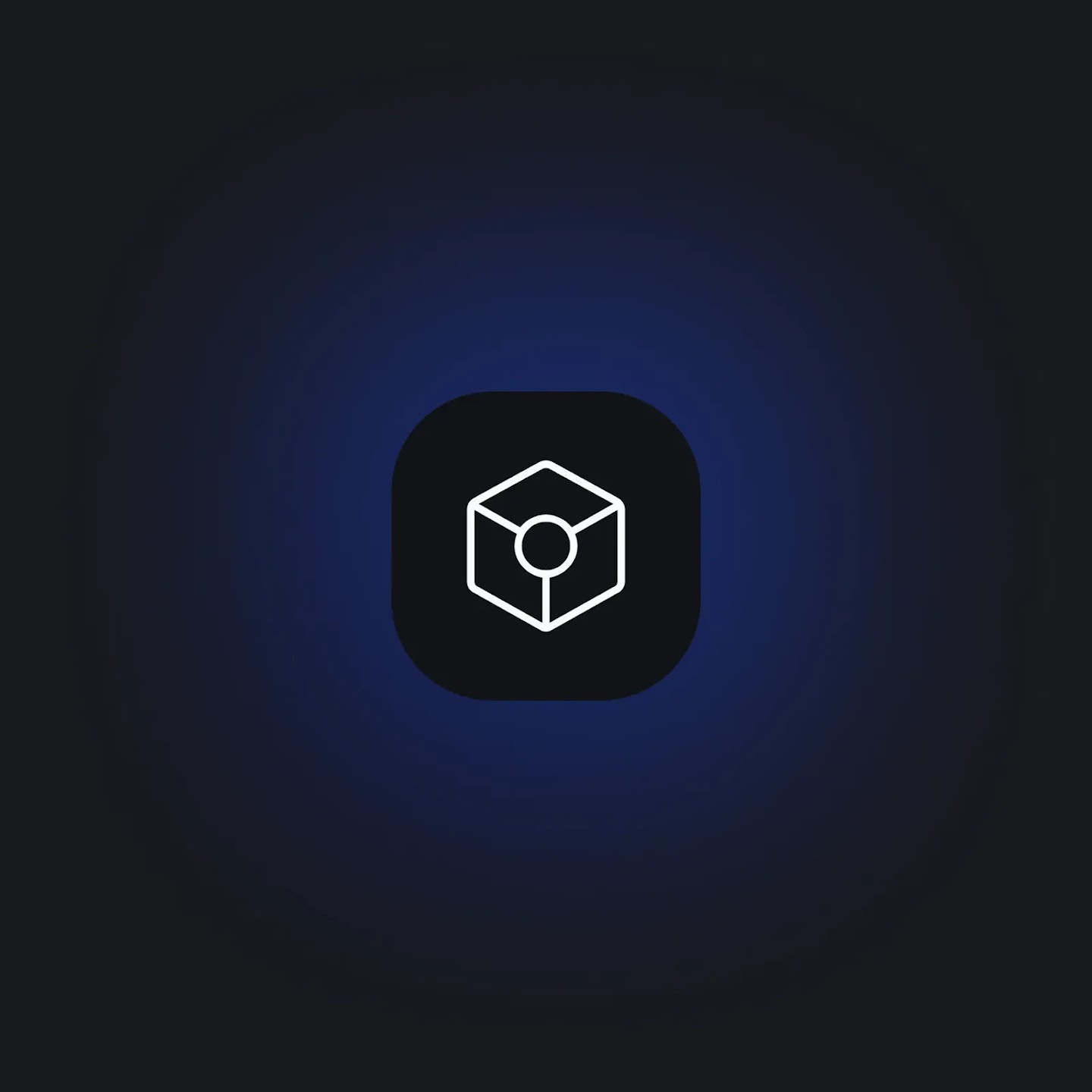 A minimalist white outline of a 3D cube with a central circle inside a dark rounded square, centered on a soft blue glowing background, representing token efficiency.