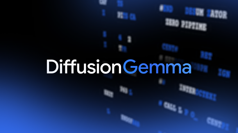 The text "DiffusionGemma" in white and blue lettering, displayed against a dark background with blurred, glowing blue code and developer terms.