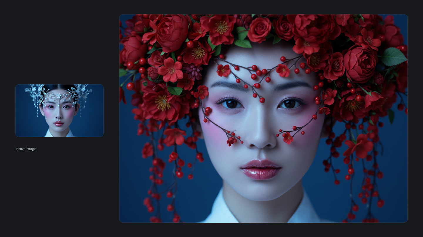 AI-generated image of: a side-by-side comparison. On the left is a small input image of a woman wearing a delicate silver and pearl headpiece. On the right, the edited image shows the same woman wearing a large, elaborate headpiece made of vibrant red flowers, berries, and branches extending onto her face.
