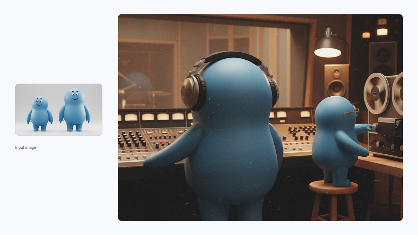  AI-generated image of: a side-by-side comparison. On the left is an input image of two simple blue cartoon characters. On the right, a detailed, vintage-style generated scene features these characters in a 1960s recording studio, with the larger one wearing headphones at a mixing console and the smaller one on a stool adjusting a reel-to-reel tape machine.