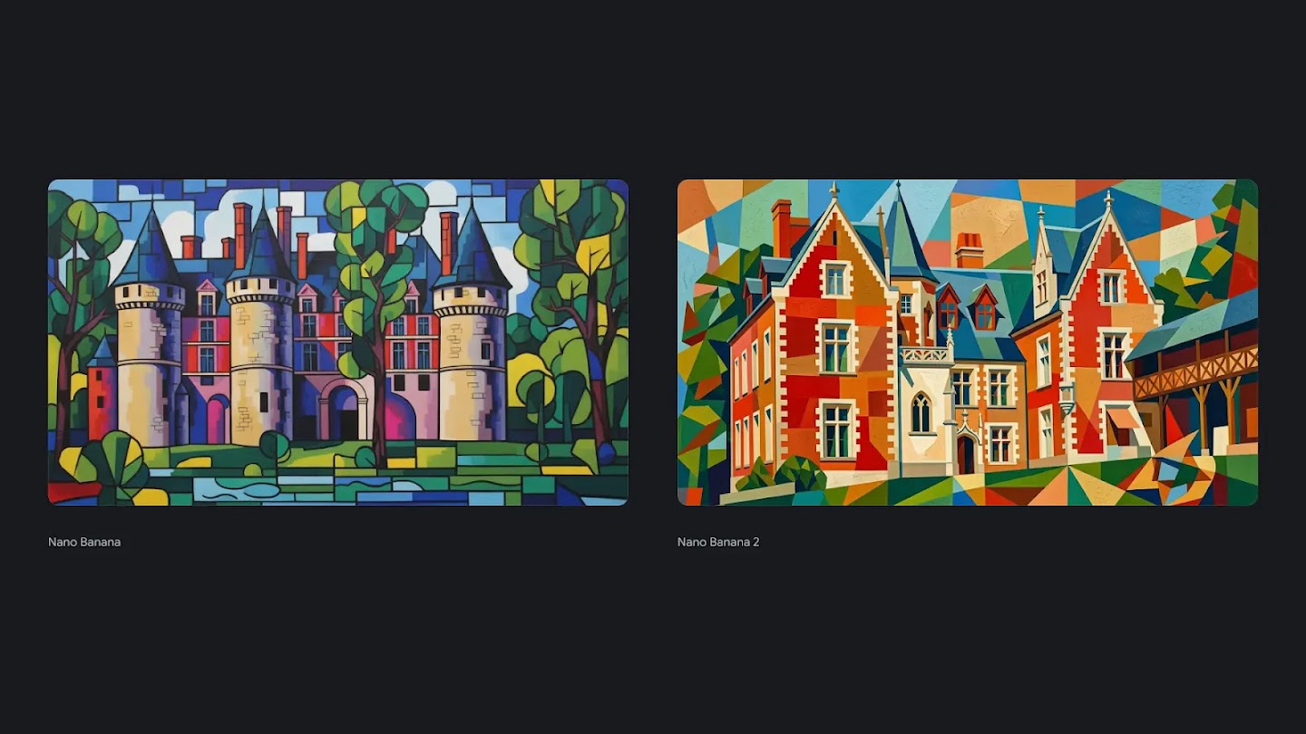 Two side-by-side colorful, stylized illustrations of grand estates: the left image, labeled "Nano Banana," features a castle with purple and blue turrets in a stained-glass mosaic style; the right image, labeled "Nano Banana 2," shows a red and orange manor house rendered in a sharp, geometric cubist style with bold, multi-colored facets.