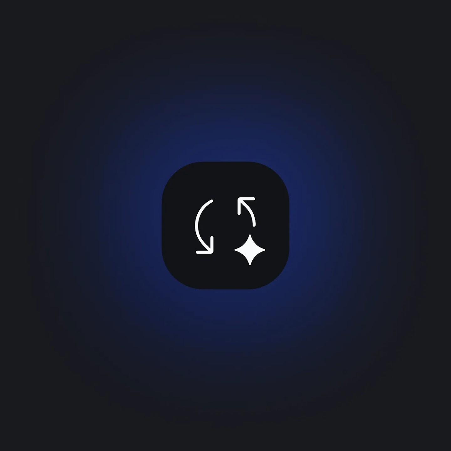 A minimalist icon of two curved arrows and a four-pointed star inside a white rounded square on a soft blue glowing background.