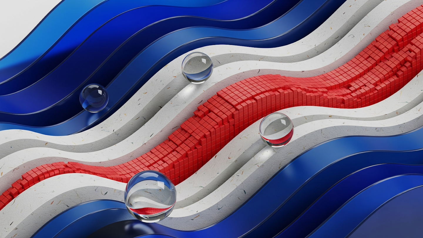 Abstract 3D artwork featuring wavy diagonal bands of glossy blue, speckled white, and red cubes. Three clear glass spheres roll along the textured white paths.