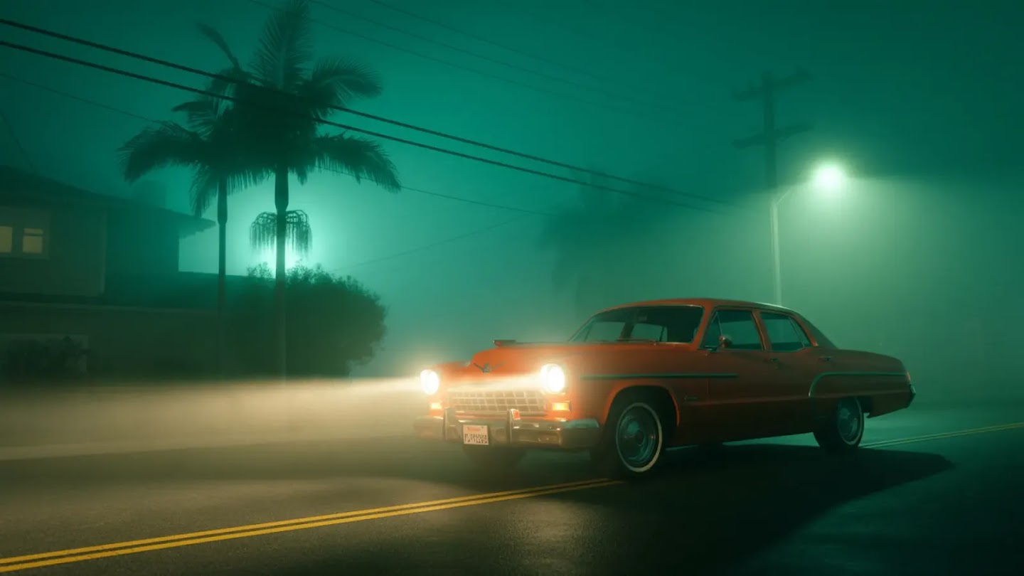 A cinematic, wide-angle shot of a vintage orange sedan parked on a dark, asphalt road at night. The scene is enveloped in a thick, teal-tinted fog that creates a moody, ethereal atmosphere. The car's headlights are turned on, casting powerful beams of warm light through the mist. To the left, the silhouettes of towering palm trees and a suburban house loom in the background, while a solitary streetlamp glows on the right, further illuminating the hazy green air.