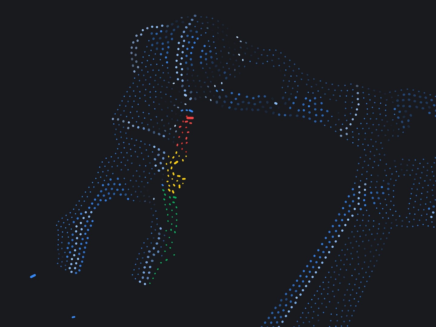 An abstract, minimalist digital illustration of a robotic arm rendered entirely in a pointillist or stippled style.