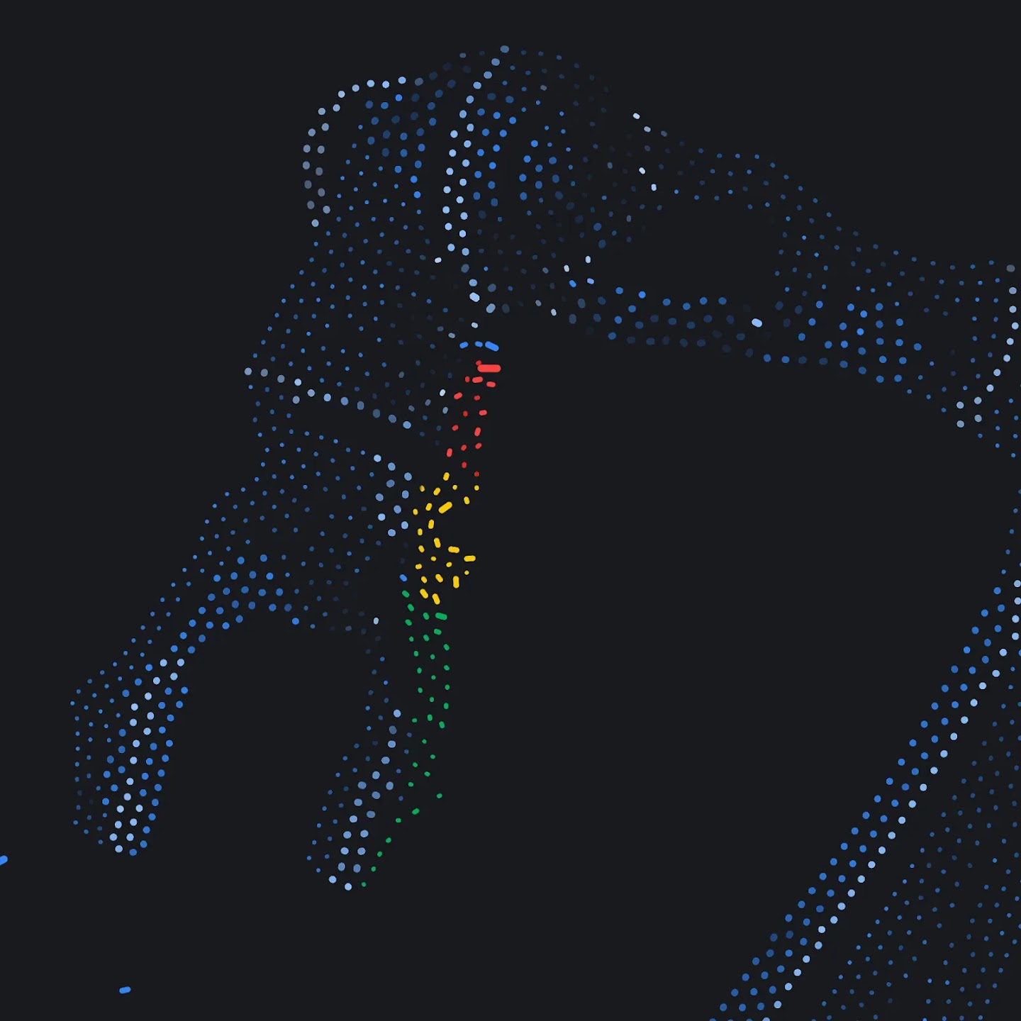 An abstract, minimalist digital illustration of a robotic arm rendered entirely in a pointillist or stippled style.