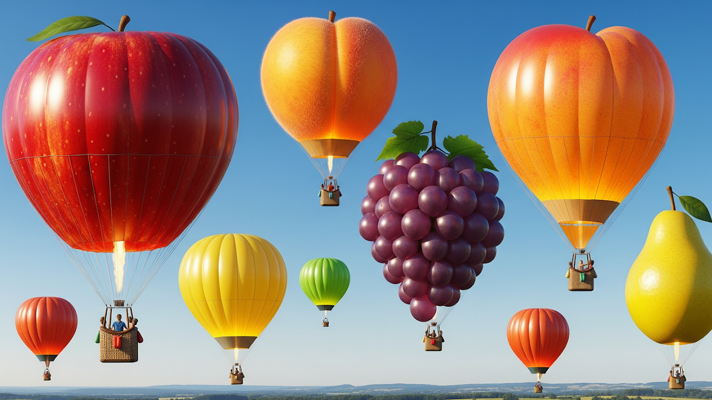 AI-generated image of: whimsical hot air balloons shaped like giant, hyper-realistic fruits floating in a clear blue sky, including a shiny red apple with detailed skin speckles, a fuzzy orange peach, a glossy cluster of purple grapes, and a textured yellow pear