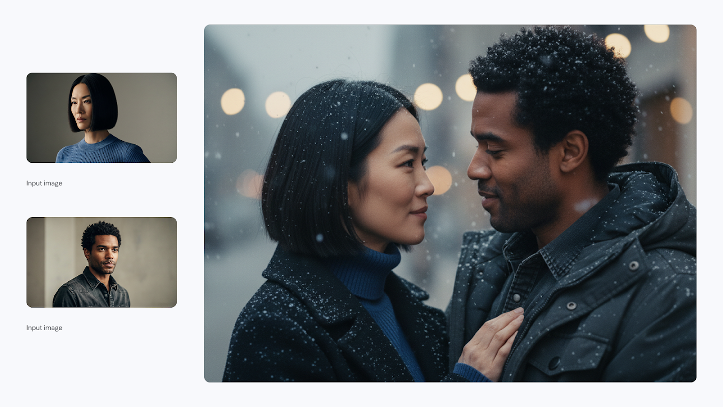 AI-generated image of: a side-by-side comparison showing image merging. On the left are two separate input images: one a headshot of a woman with short dark hair in a blue sweater, and the other a headshot of a man with dark curly hair in a black shirt. On the right, the generated output shows a close-up romantic scene of the man and woman holding each other outdoors in falling snow, with a blurred background of warm streetlights.