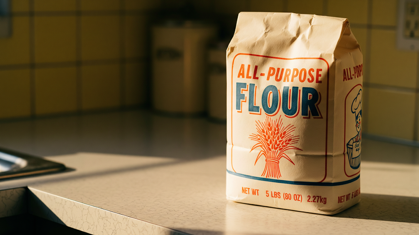 AI-generated image of: a realistic rendering of a crinkled, thick paper bag of "All-Purpose Flour" featuring vintage red and blue typography, sitting on a speckled kitchen counter bathed in warm light