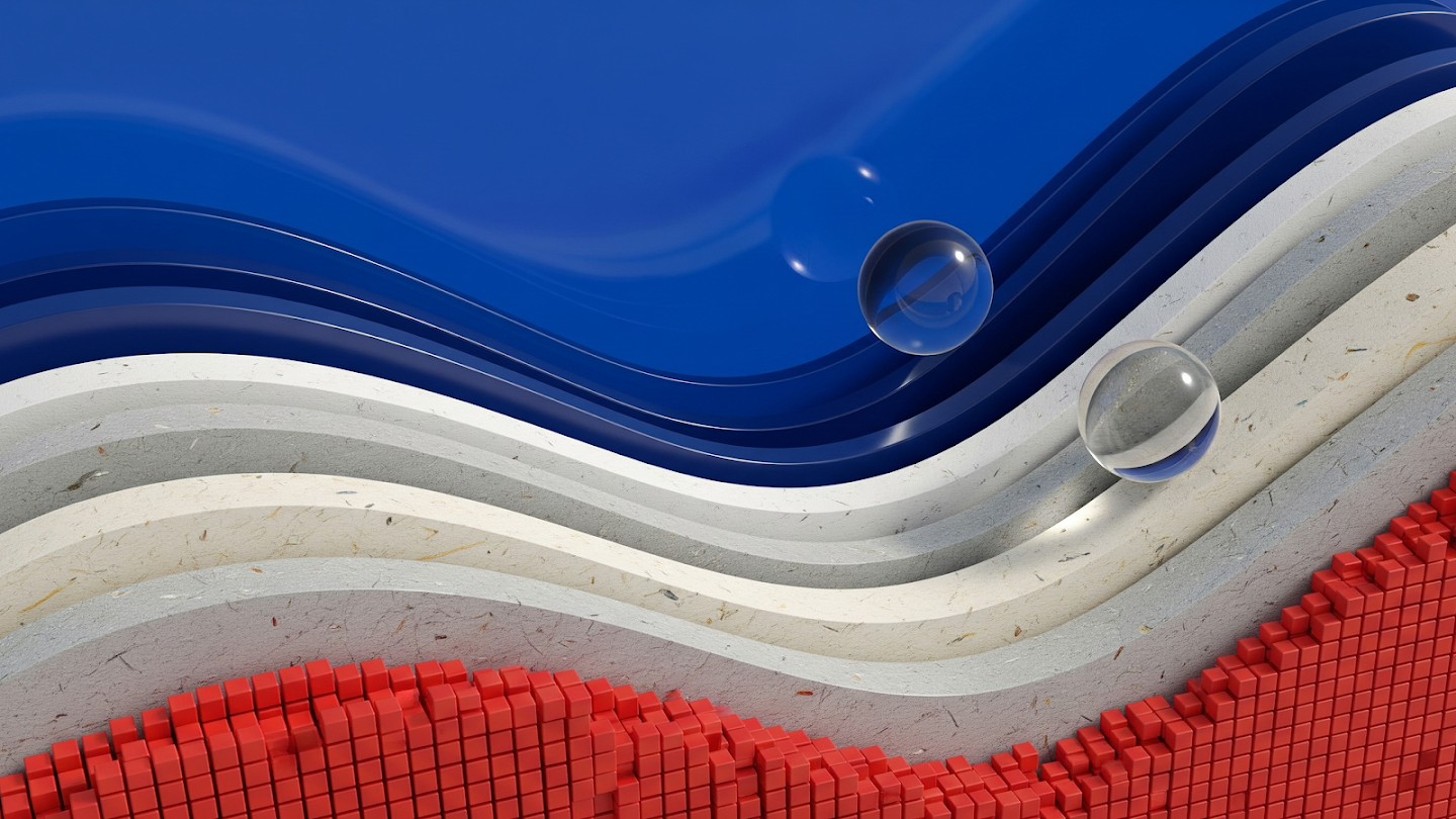 Abstract 3D header showing rolling layers of red cubes, textured white stone, and glossy blue waves, accented by two clear glass spheres.