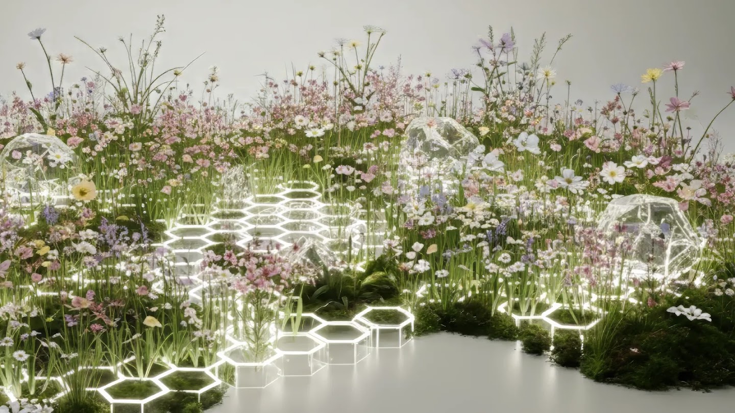A digital rendering of a field of wildflowers growing out of glowing, hexagonal honeycomb tiles. Large, translucent structures are scattered among the plants, creating a futuristic, natural scene.