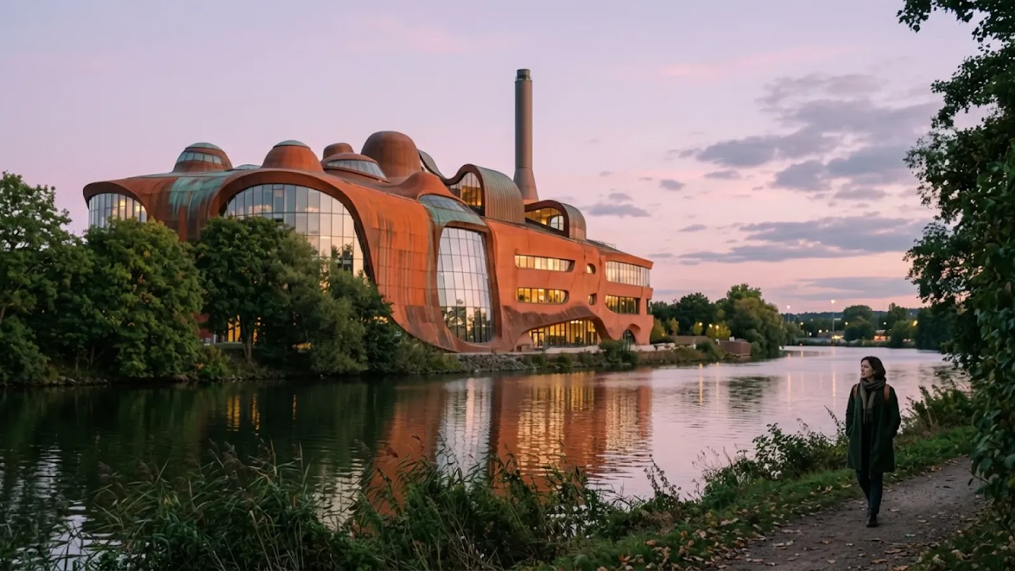 An organic, rust-colored architectural building with flowing, wave-like curves and dome-topped roofs sits along a calm river at dusk. The structure features large glass windows and a prominent central chimney, reflecting softly in the water's surface alongside a pink and lilac sunset sky. In the foreground, a person walks along a dirt path lined with trees and greenery, looking toward the unique building as the evening light casts a warm glow over the scene.