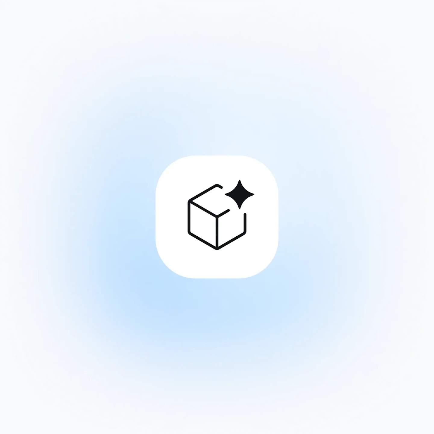A minimalist icon of a 3D cube and a four-pointed star inside a white rounded square on a soft blue glowing background, representing smart and rigorous reasoning.