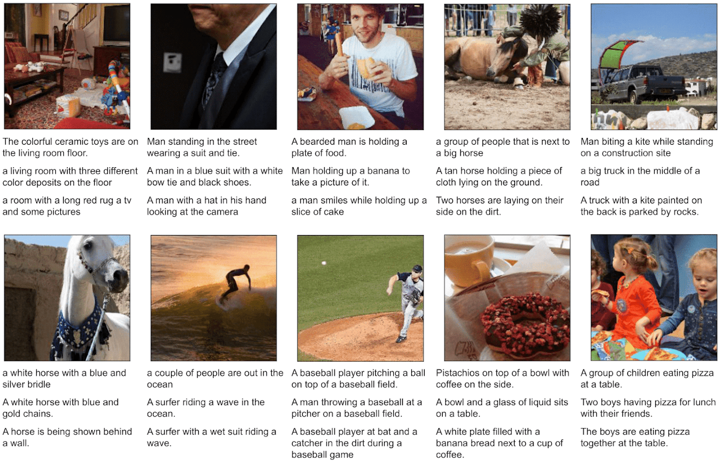 Ten images with accompanying captions to show how the pre-trained Gato model can do image captioning.