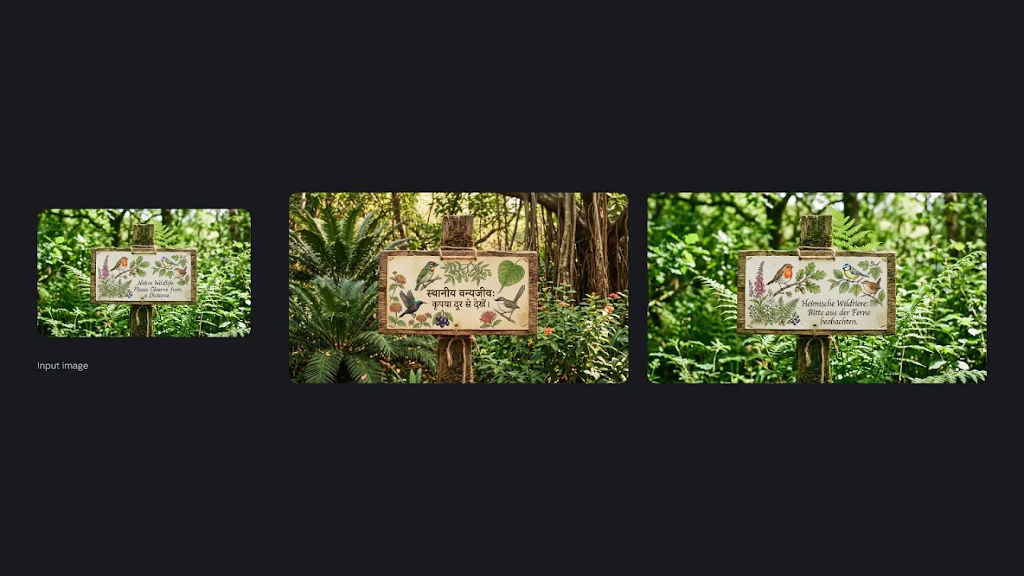 An image composition showing a "Native Wildlife" sign as the input image, followed by versions of the same image localized in Hindi and German.