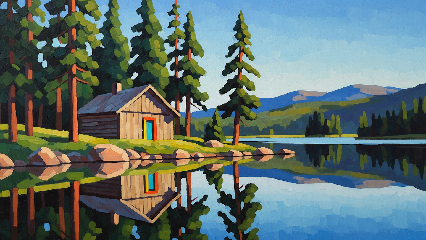 AI-generated image of: a stylized landscape painting of a wooden cabin by a calm lake, where the tall pine trees and their mirror-perfect reflections are rendered using sharp, geometric blocks of flat color rather than detailed foliage