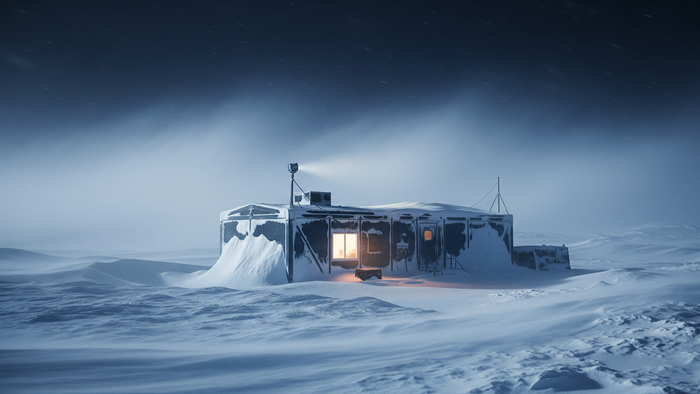 AI-generated image of: a weathered arctic research station at night buried in textured, wind-swept snowdrifts, with a grainy, foggy atmosphere obscuring the background