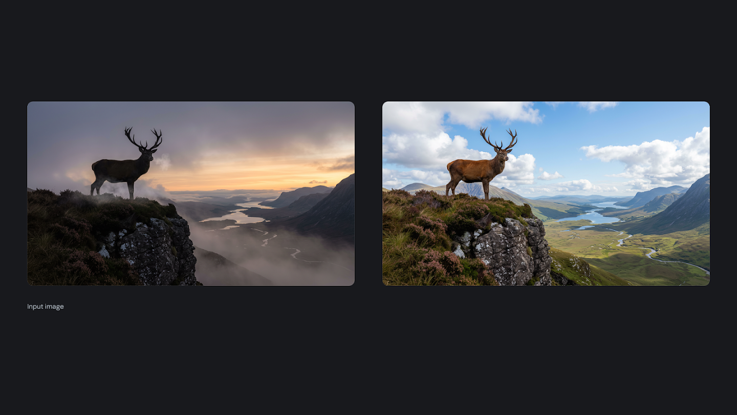 A side-by-side comparison of a landscape featuring a stag standing on a rocky cliff. The left image depicts a moody, misty sunset with the stag in silhouette against a dark sky. The right image transforms the scene into bright daylight with blue skies, white clouds, and a lush green valley visible in the background.