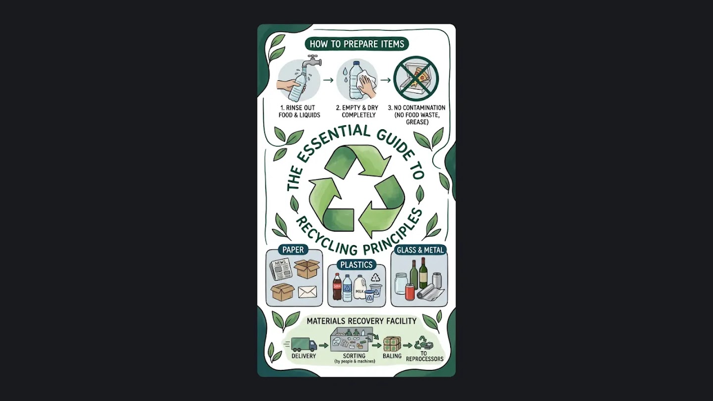 An educational infographic titled "The Essential Guide to Recycling Principles" featuring a green recycling symbol surrounded by three main sections: "How to Prepare Items" (showing rinsing, drying, and avoiding food contamination), "Recyclable Materials" (categorized into Paper, Plastics, and Glass & Metal), and the "Materials Recovery Facility" process (depicting delivery, sorting by people and machines, baling, and transport to reprocessors).