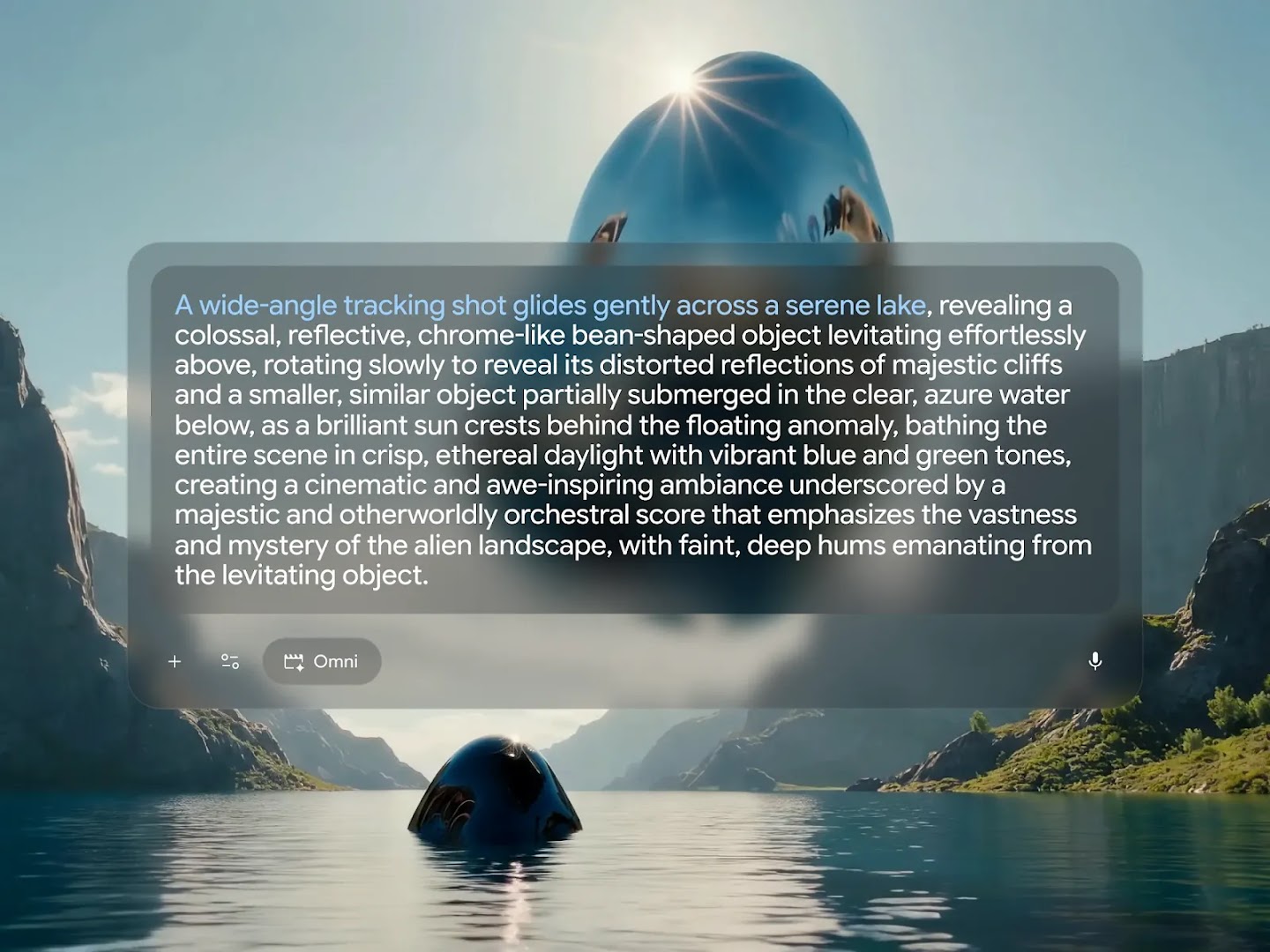 A Gemini Omni prompt interface overlaying a cinematic scene of a giant reflective object floating above an azure lake. The text describing a wide-angle tracking shot is highlighted in blue.