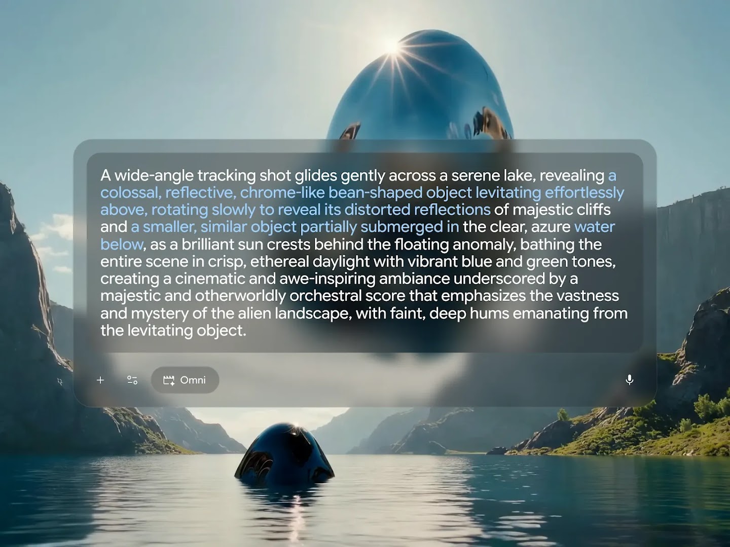A Gemini Omni prompt interface overlays a cinematic scene of a giant reflective chrome object levitating over an azure lake, with text describing the main subjects highlighted in blue.