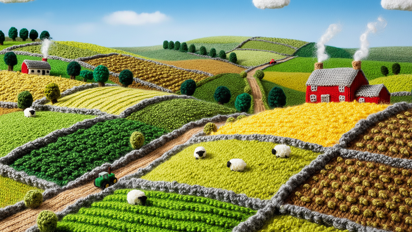 AI-generated image of: a rolling countryside landscape crafted entirely from yarn, featuring textured crochet fields, fluffy white sheep, and a knitted farmhouse with 