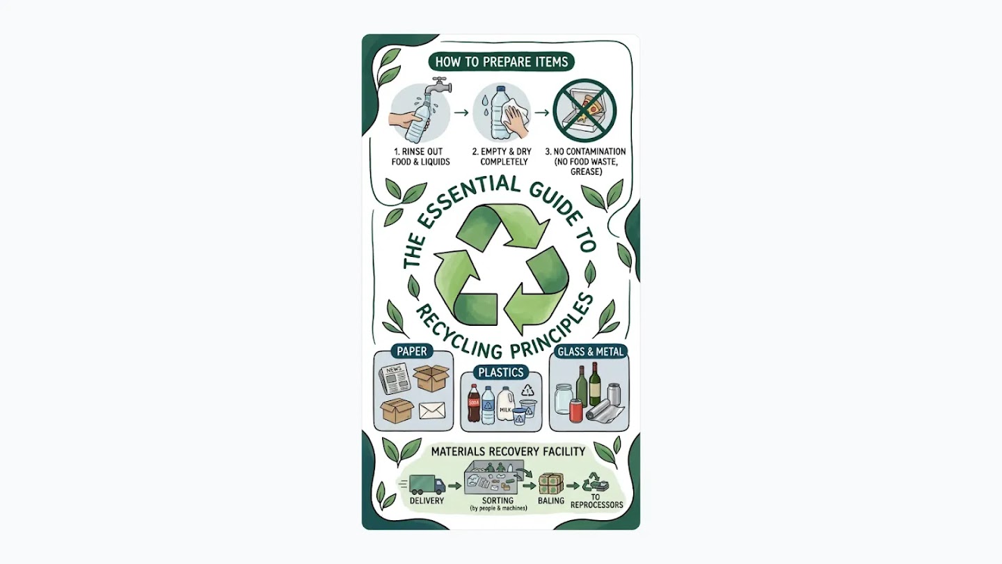 An educational infographic titled "The Essential Guide to Recycling Principles" featuring a green recycling symbol surrounded by three main sections: "How to Prepare Items" (showing rinsing, drying, and avoiding food contamination), "Recyclable Materials" (categorized into Paper, Plastics, and Glass & Metal), and the "Materials Recovery Facility" process (depicting delivery, sorting by people and machines, baling, and transport to reprocessors).