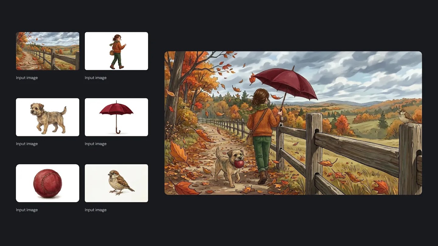 A collage featuring six input icons on the left: an autumn landscape, a girl in a sweater, a terrier dog, a red umbrella, a red ball, and a sparrow. The main image on the right is a stylized illustration of the girl walking down a leaf-strewn path by a wooden fence, holding the red umbrella, while the terrier follows her with the red ball in its mouth. The scene perfectly captures the color palette and characters from the input images.